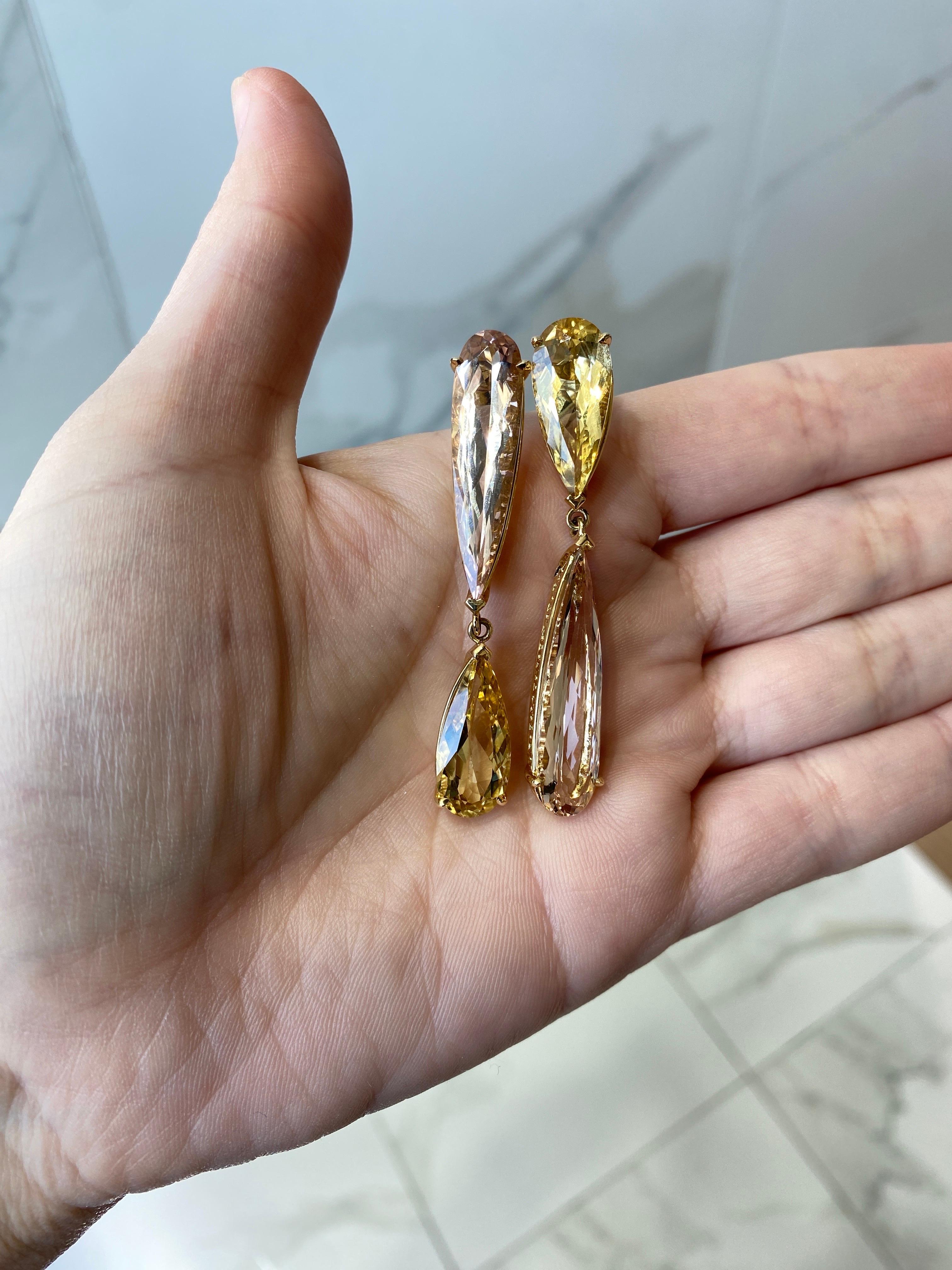 Boucles d'oreilles pendantes en forme de poire en Morganite et Béryl jaune  en vente 1