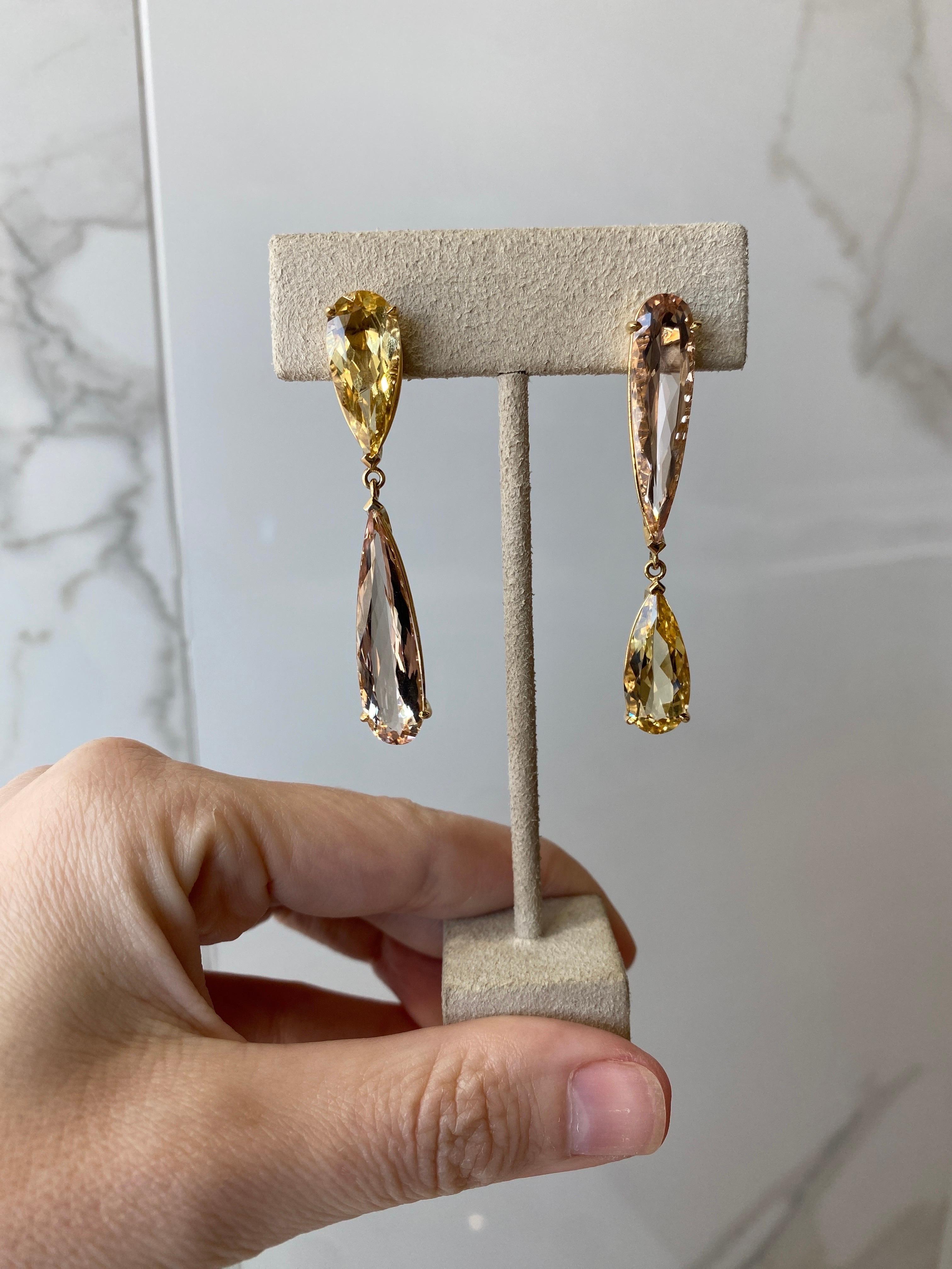 Pear Shaped Morganite and Yellow Beryl Dangling Earrings  For Sale 4