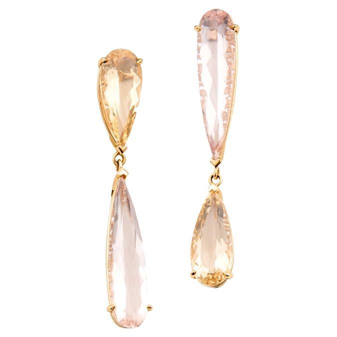 Pear Shaped Morganite and Yellow Beryl Dangling Earrings  For Sale