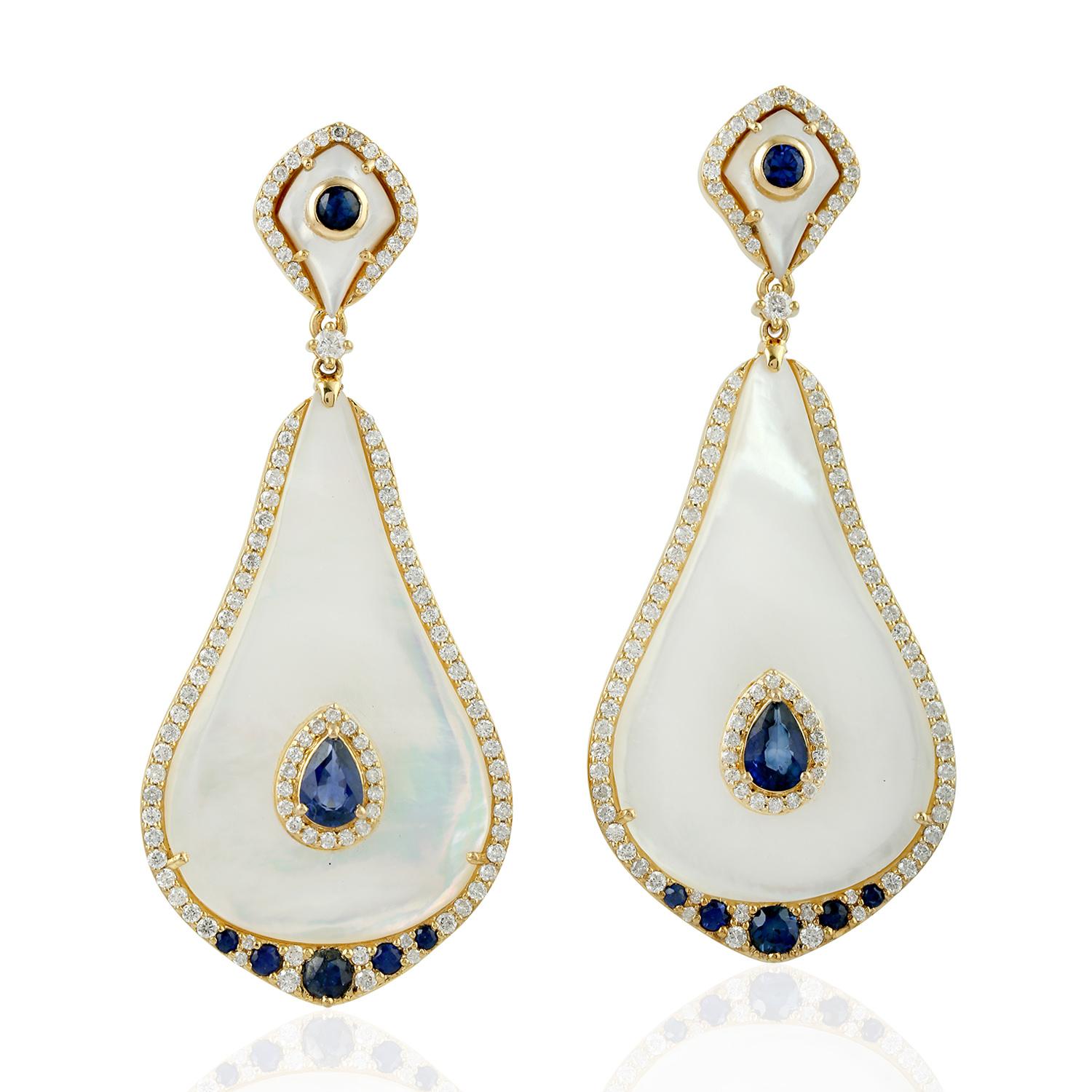 Pear Shaped Mother Of Pearl Dangle Earrings With Blue Sapphire & Diamonds In New Condition For Sale In New York, NY