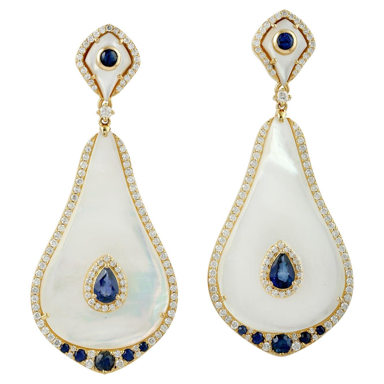 Pear Shaped Mother Of Pearl Dangle Earrings With Blue Sapphire & Diamonds