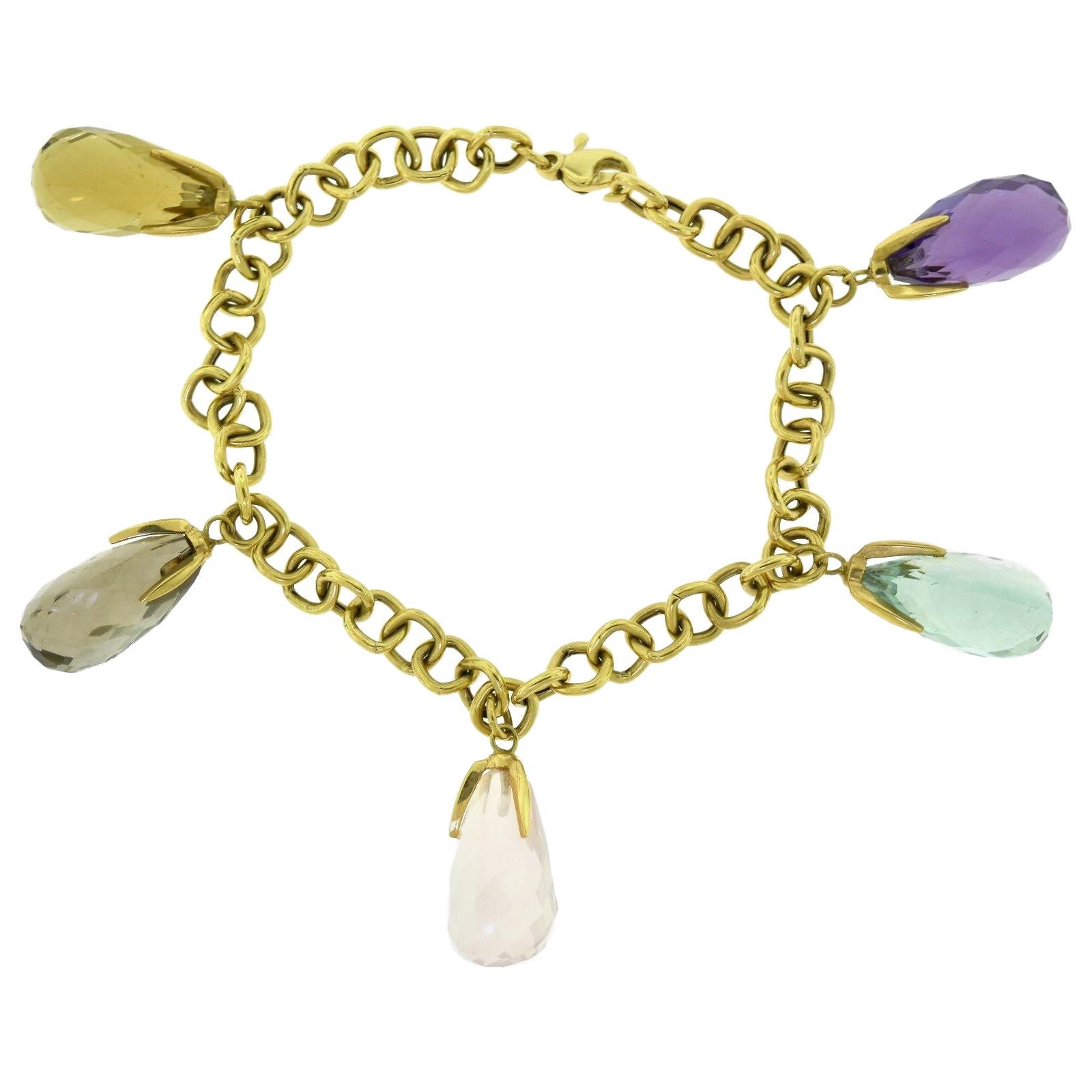 Pear Shaped Multi Gem Stone Hanging Charm Yellow Gold Bracelet For Sale