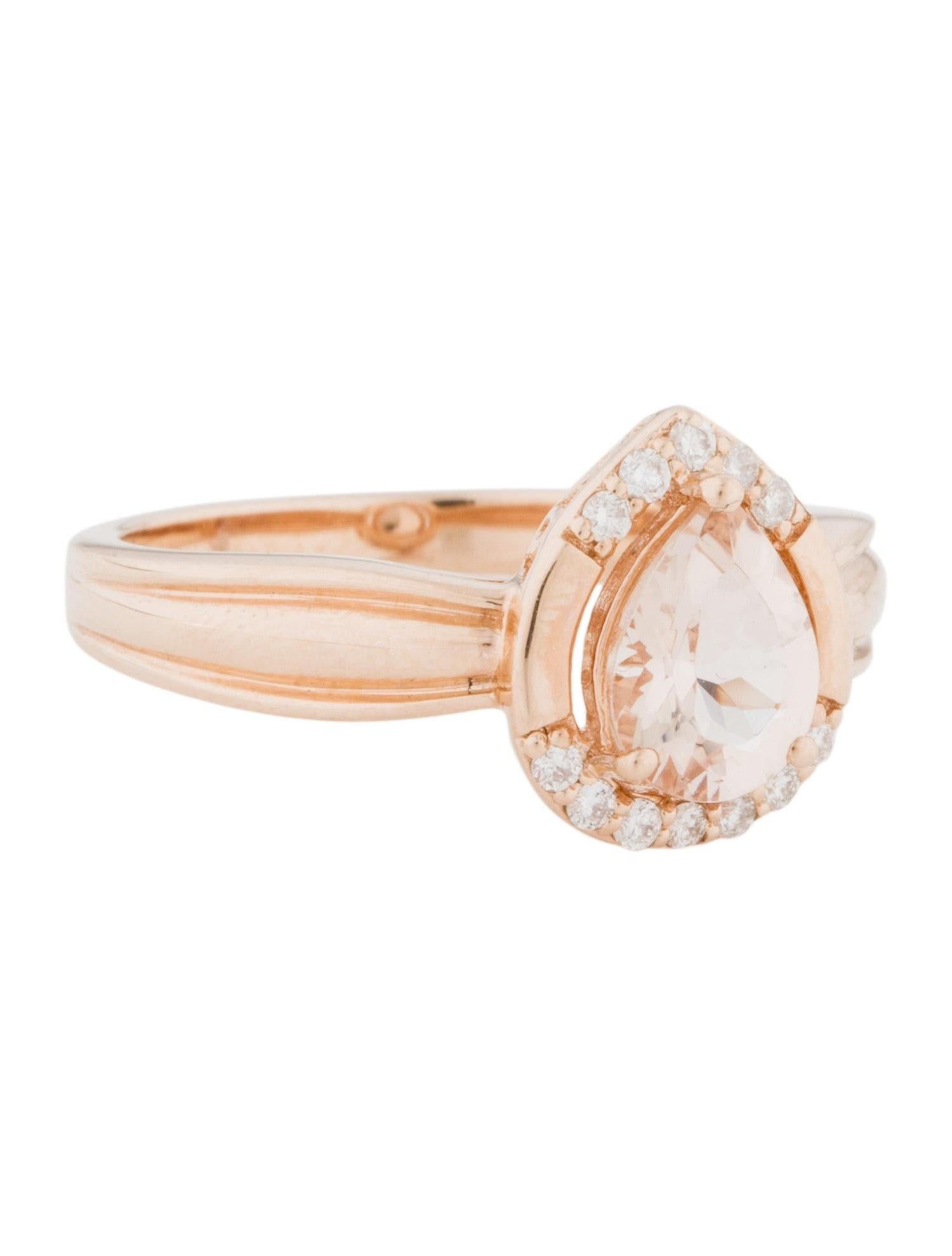 This is a delicate pear-shaped natural morganite and diamond ring set in solid 14K rose gold. This ring features a stunning natural 0.88 Ct pear-cut morganite stone with excellent peachy pink color (AAA quality gem) and is surrounded by a half halo