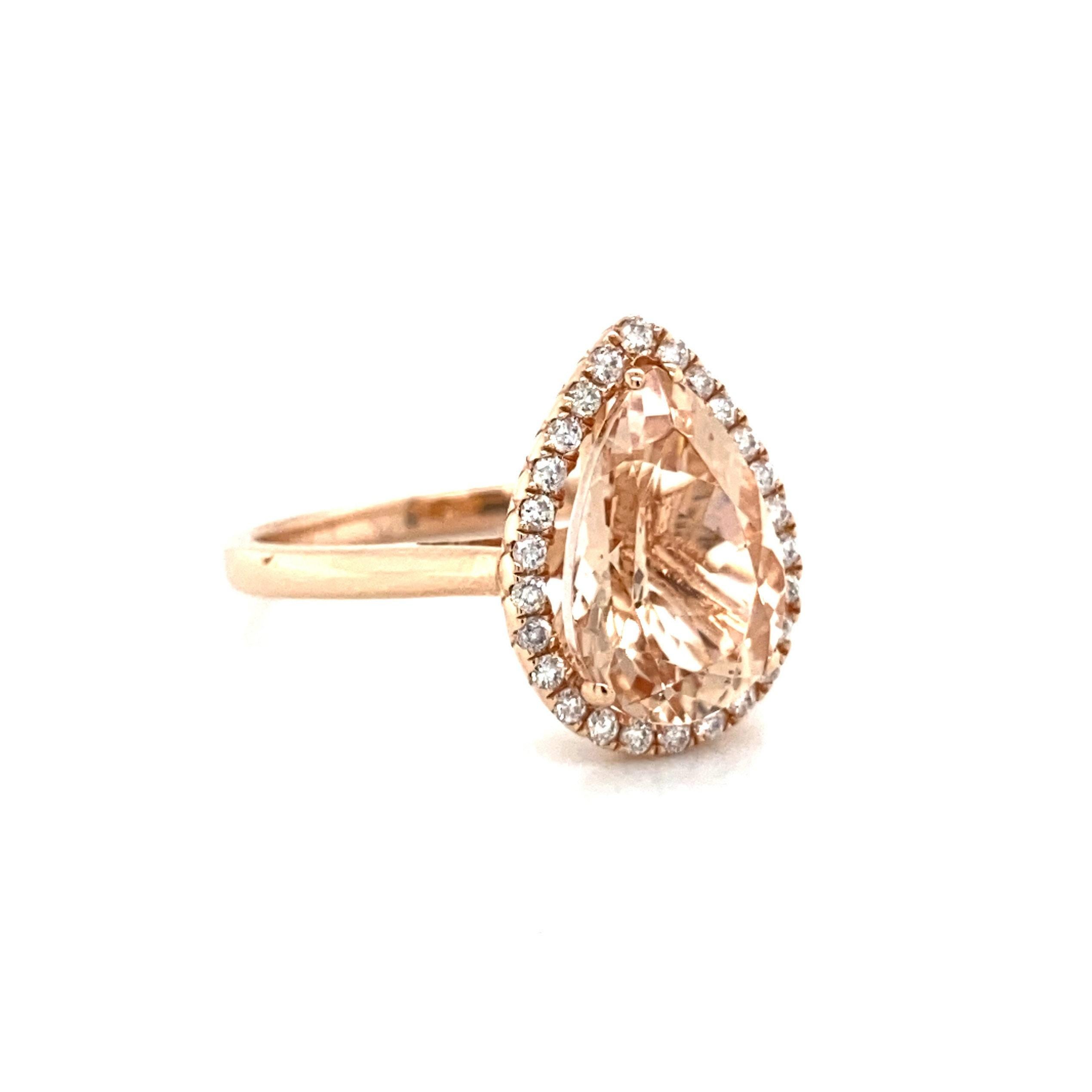 Contemporary Pear Shaped Natural 2.79CT Morganite & Diamond Rose Gold Engagement Ring For Sale