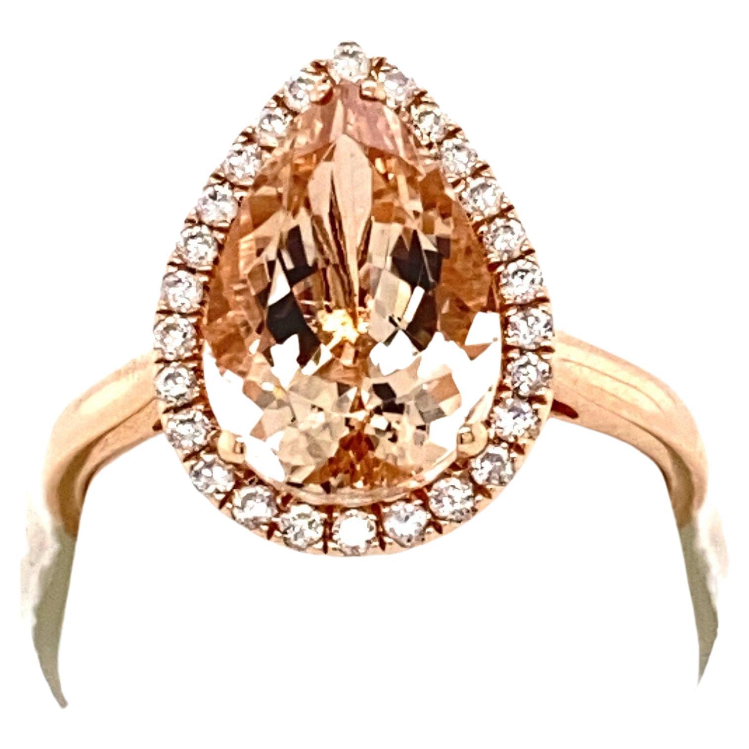 Pear Shaped Natural 2.79CT Morganite & Diamond Rose Gold Engagement Ring For Sale