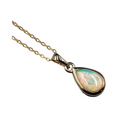 Pear Shaped Natural Australian Solid Opal Pendant Necklace 14k Yellow Gold