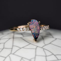 Pear-Shaped Natural Black Opal Diamond Ring Solid 14K Yellow Gold