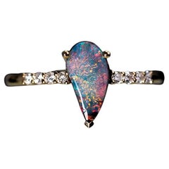 Pear-Shaped Natural Black Opal Diamond Ring Solid 14K Yellow Gold