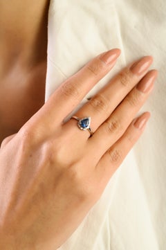 Bague de fiançailles en or blanc 14k, saphir bleu naturel en forme de poire, avec halo de diamants