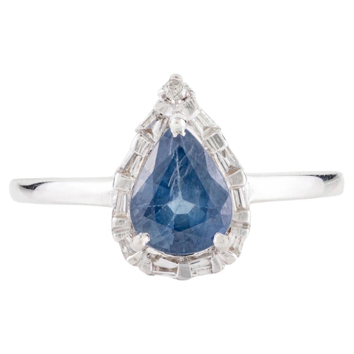 Pear Shaped Natural Blue Sapphire Diamond Halo Engagement Ring in 14k White Gold