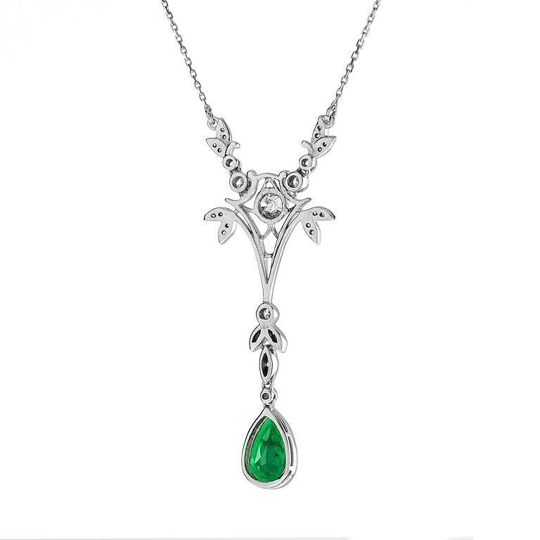 Art Deco Pear Shaped Natural Emerald & Diamond Drop Vintage Style Gold Pendant Necklace For Sale