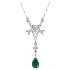 Pear Shaped Natural Emerald & Diamond Drop Vintage Style Gold Pendant Necklace