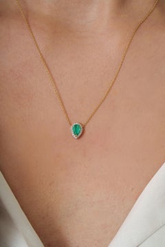 Pear-Shaped Natural Emerald & Diamond Halo Pendant Necklace in 18K Yellow Gold