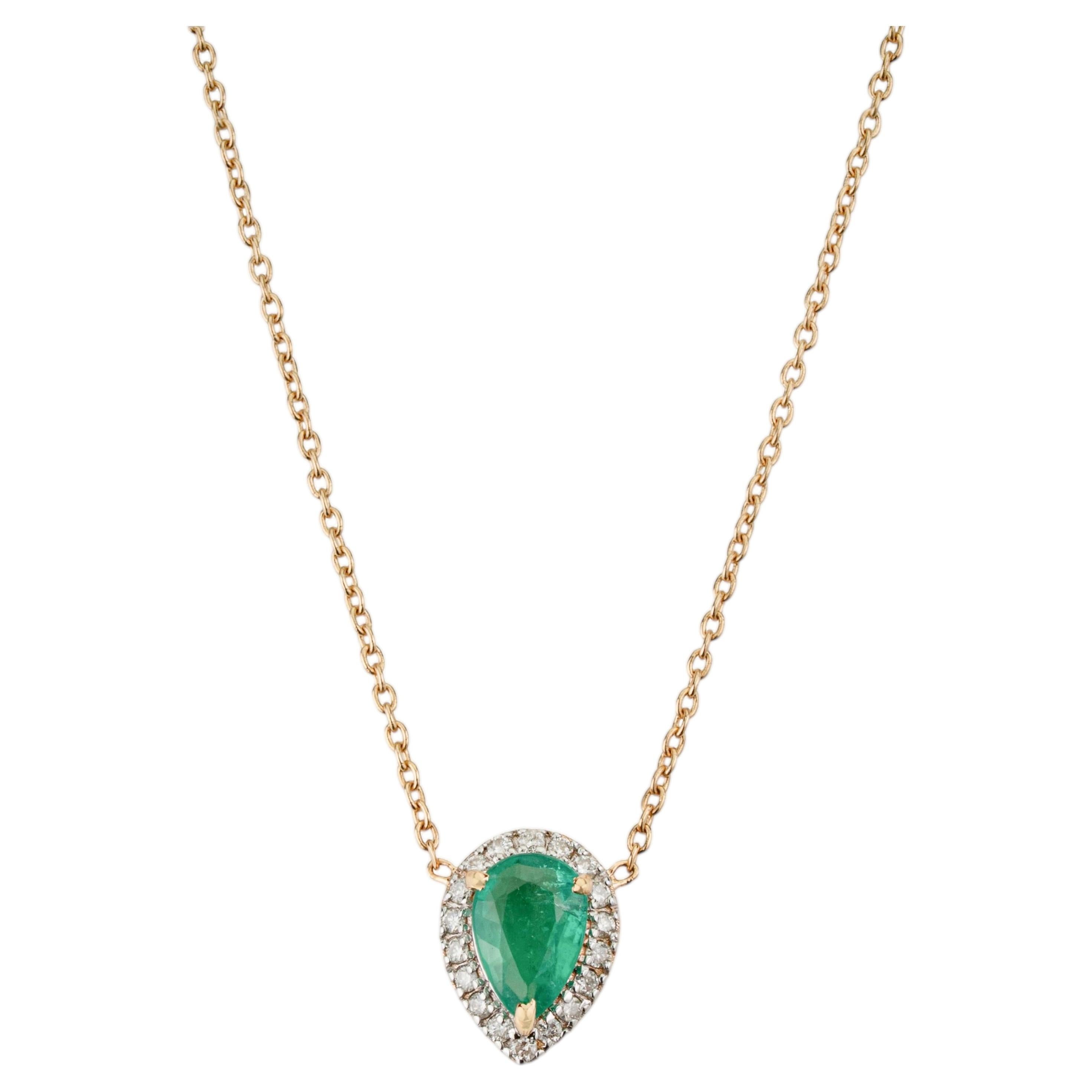 Pear-Shaped Natural Emerald & Diamond Halo Pendant Necklace in 18K Yellow Gold