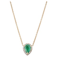 Pear-Shaped Natural Emerald & Diamond Halo Pendant Necklace in 18K Yellow Gold