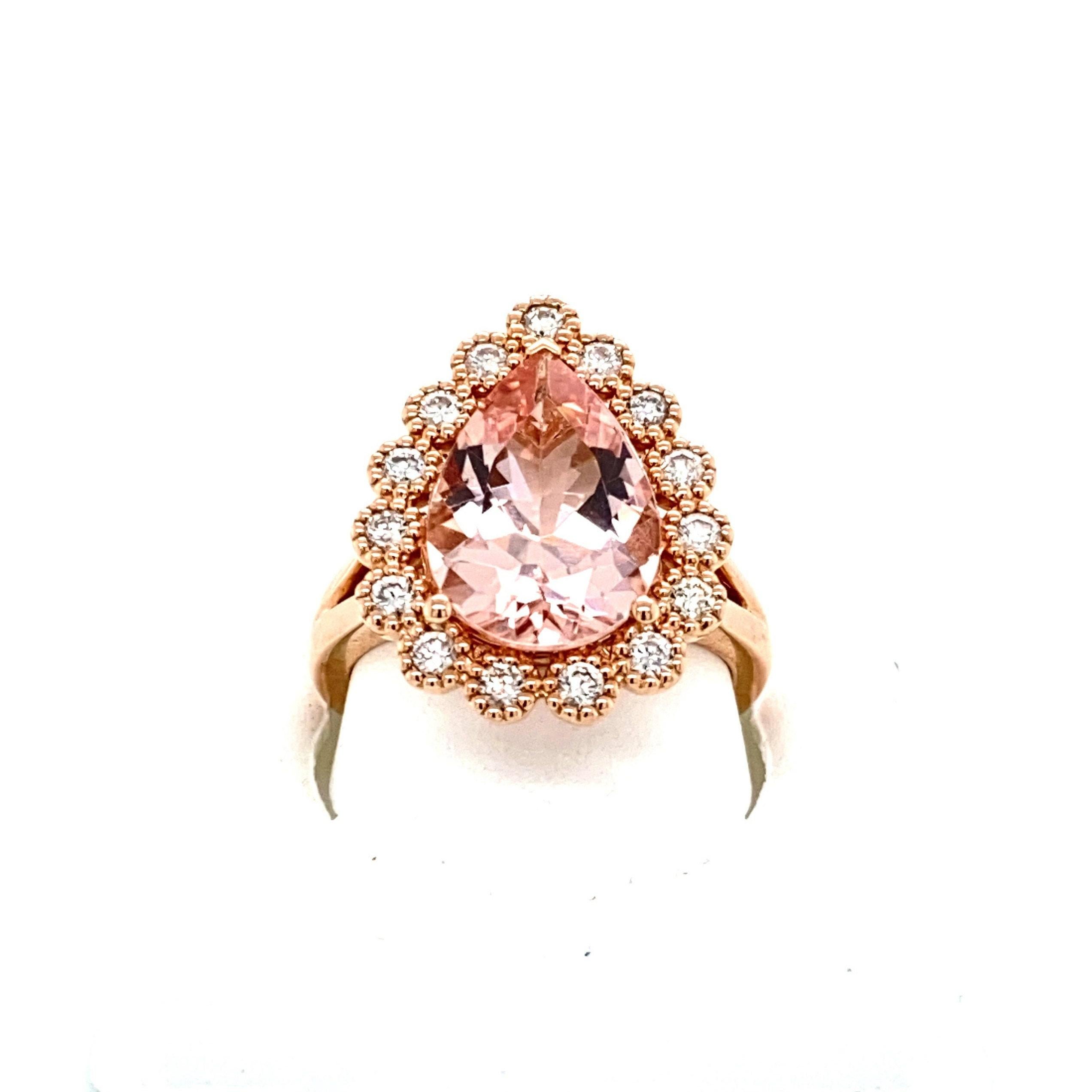 Pear Shaped Natural Morganite & Diamond Halo Ring  In New Condition For Sale In New York, NY