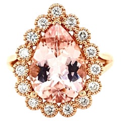 Anillo Halo de Morganita Natural y Diamantes en Forma de Pera