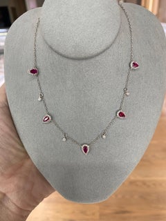 Pear Shaped Natural Ruby and Diamond Station Necklace