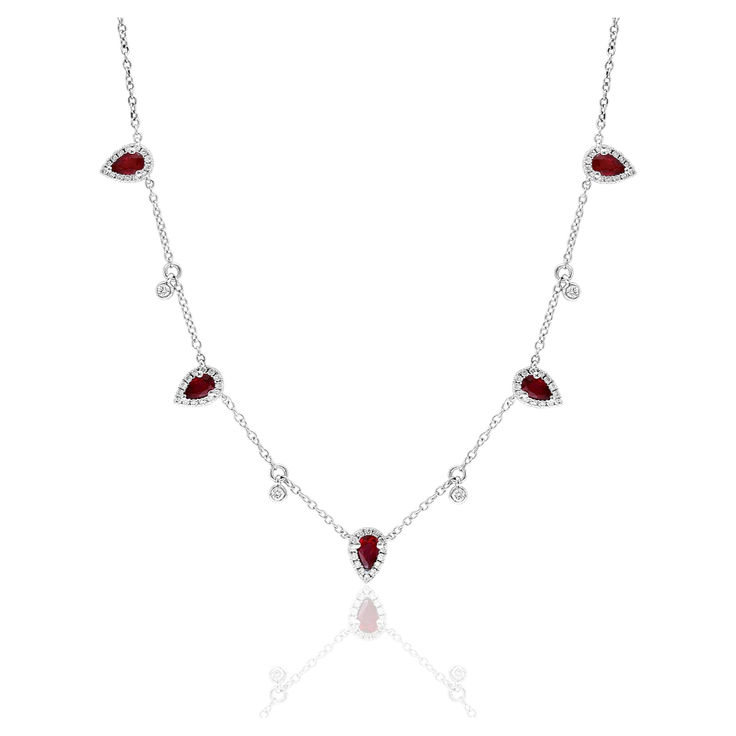 Pear Shaped Natural Ruby and Diamond Station Necklace For Sale