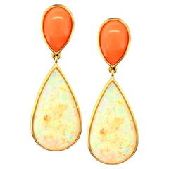 Pear-Shaped Opal and Coral Drop Earrings in Yellow Gold, 17.75 Carats Total