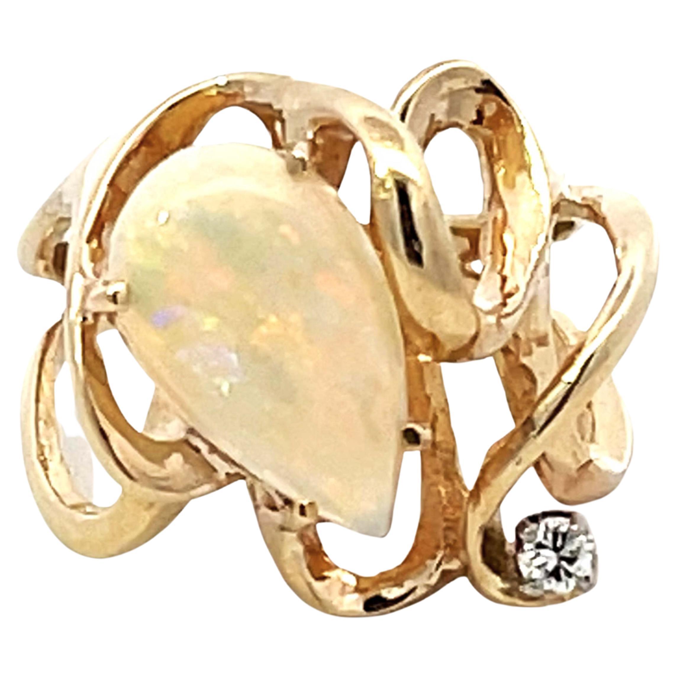 Pear Shaped Opal and Diamond Squiggly Ring in 14k Yellow Gold For Sale