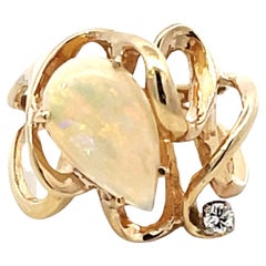 Vintage Pear Shaped Opal and Diamond Squiggly Ring in 14k Yellow Gold