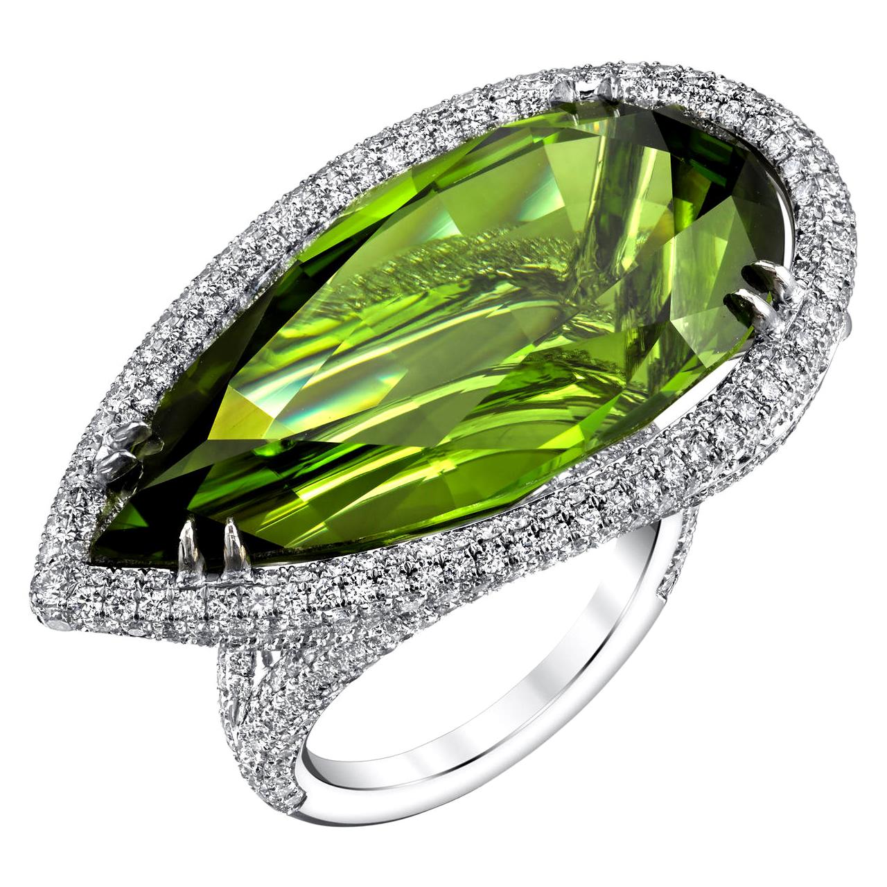 44.30ct Pear-Shaped Pakistani Peridot Ring 18KW, Accented with 4.00ct Diamonds For Sale