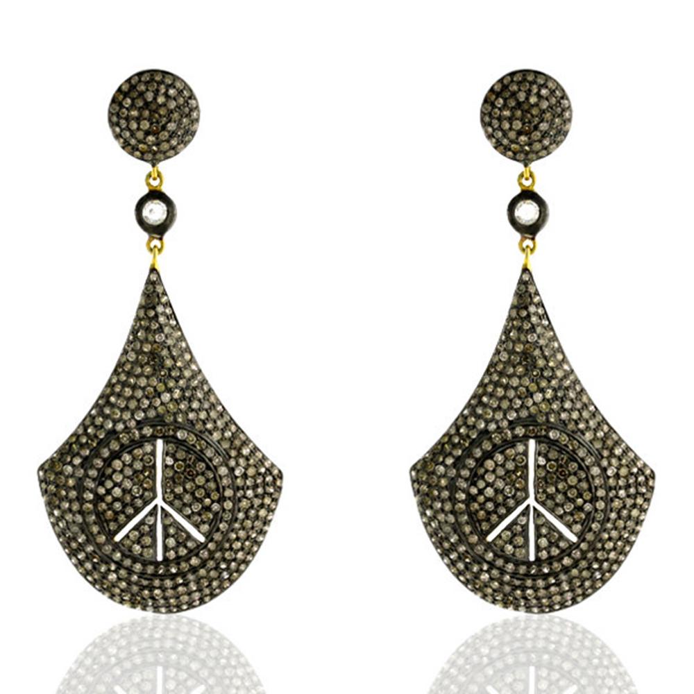 Contemporary Pear Shaped Pave Diamond Earrings with Peace Sign in 18k Yellow Gold & Silver For Sale