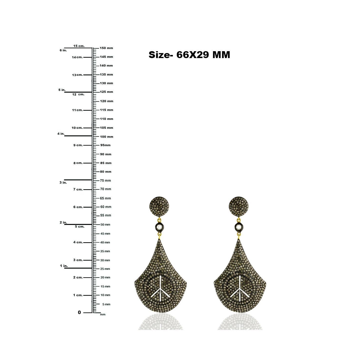 Pear Shaped Pave Diamond Earrings with Peace Sign in 18k Yellow Gold & Silver In New Condition For Sale In New York, NY