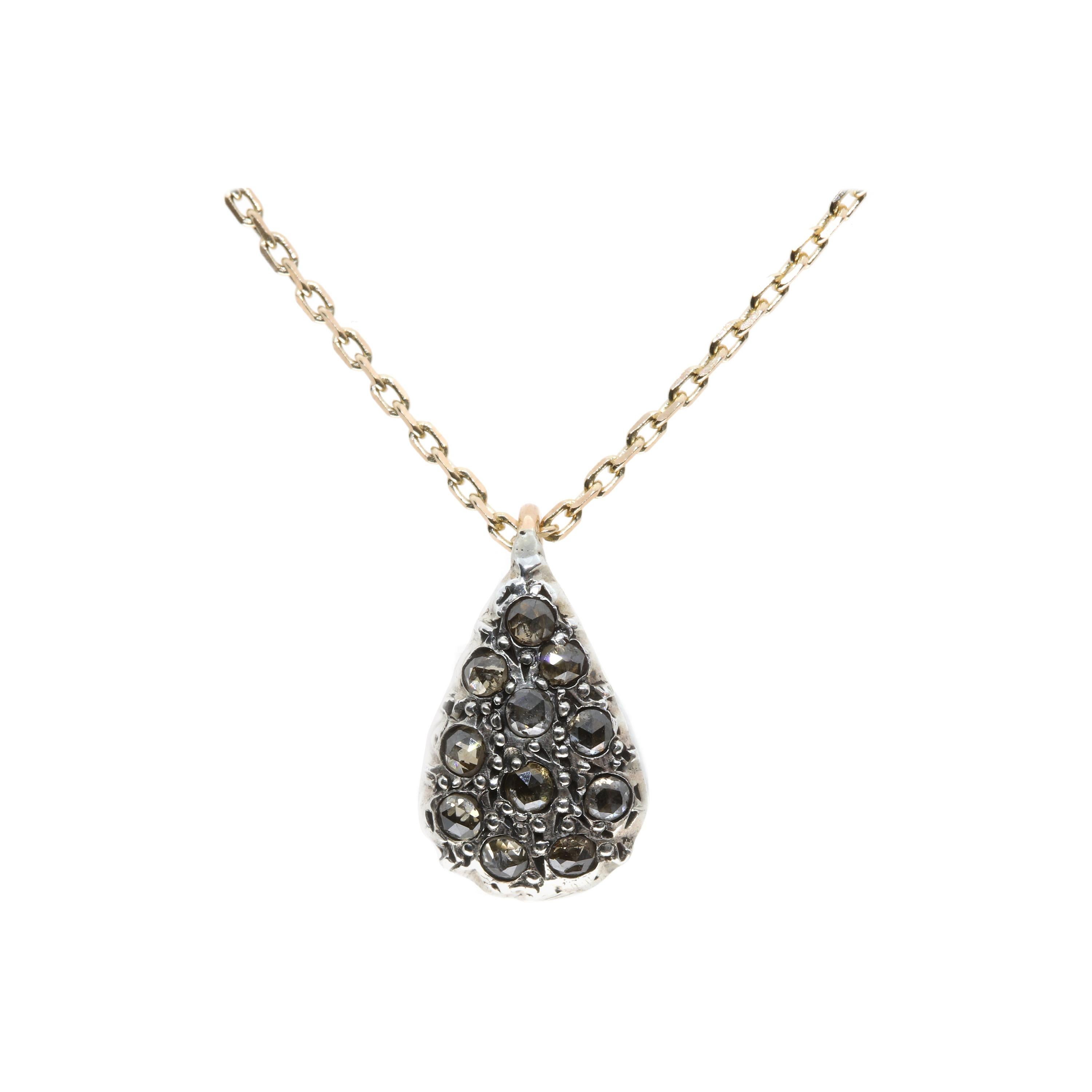21st Century 9 Karat Gold and Diamond Drop-shape Cesellato Pendant and Chain