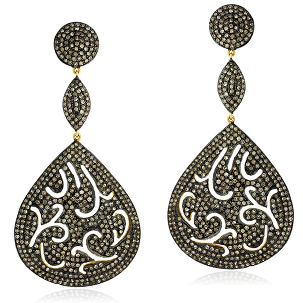 Contemporary Pear Shaped Pave Diamonds Earrings Made in 18k Yellow Gold & Silver For Sale