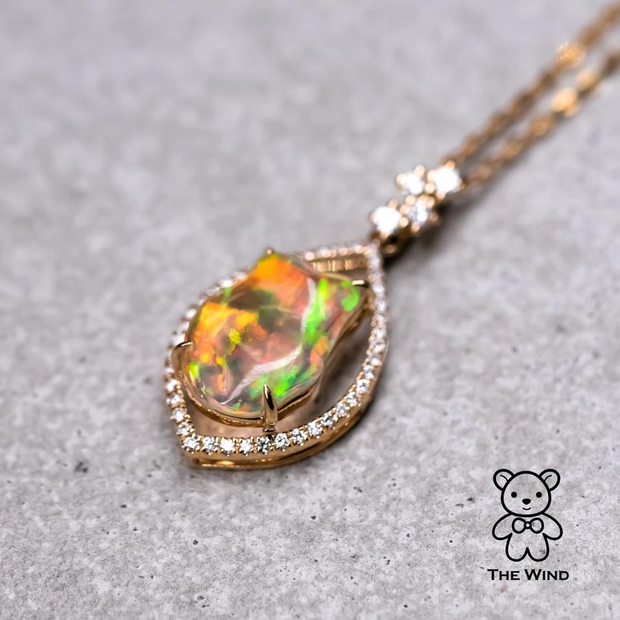 Artist Pear Shaped Pendant Mexican Fire Opal Diamond Necklace 18K Yellow Gold For Sale