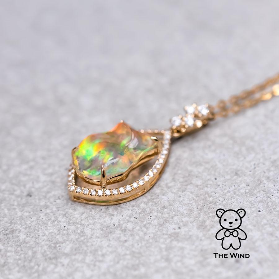 Pear Cut Pear Shaped Pendant Mexican Fire Opal Diamond Necklace 18K Yellow Gold For Sale
