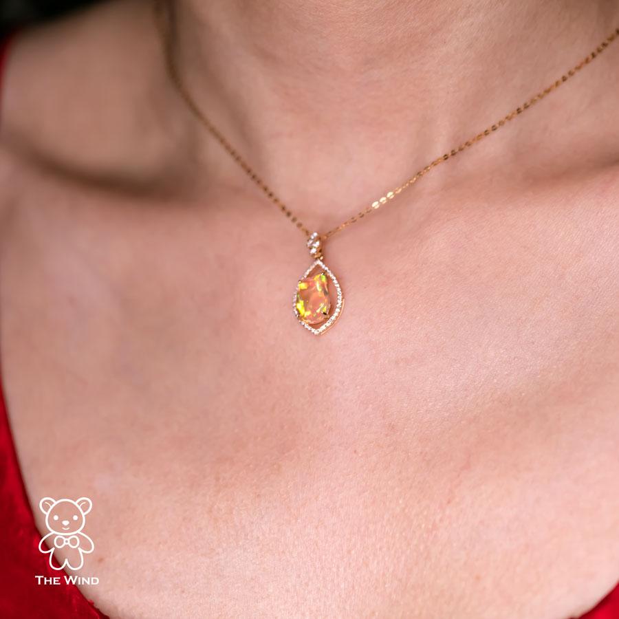 Pear Shaped Pendant Mexican Fire Opal Diamond Necklace 18K Yellow Gold In New Condition For Sale In Suwanee, GA