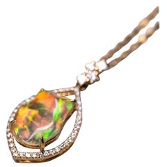 Pear Shaped Pendant Mexican Fire Opal Diamond Necklace 18K Yellow Gold