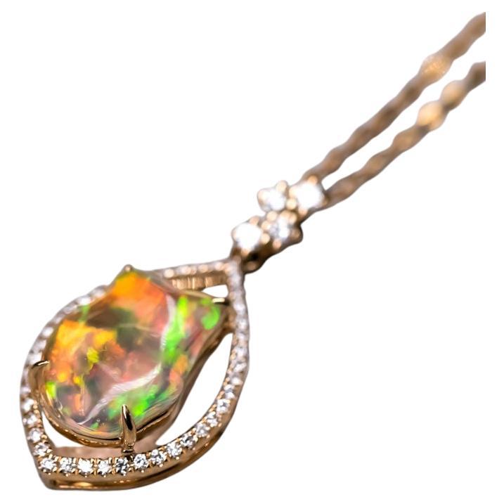 Pear Shaped Pendant Mexican Fire Opal Diamond Necklace 18K Yellow Gold For Sale