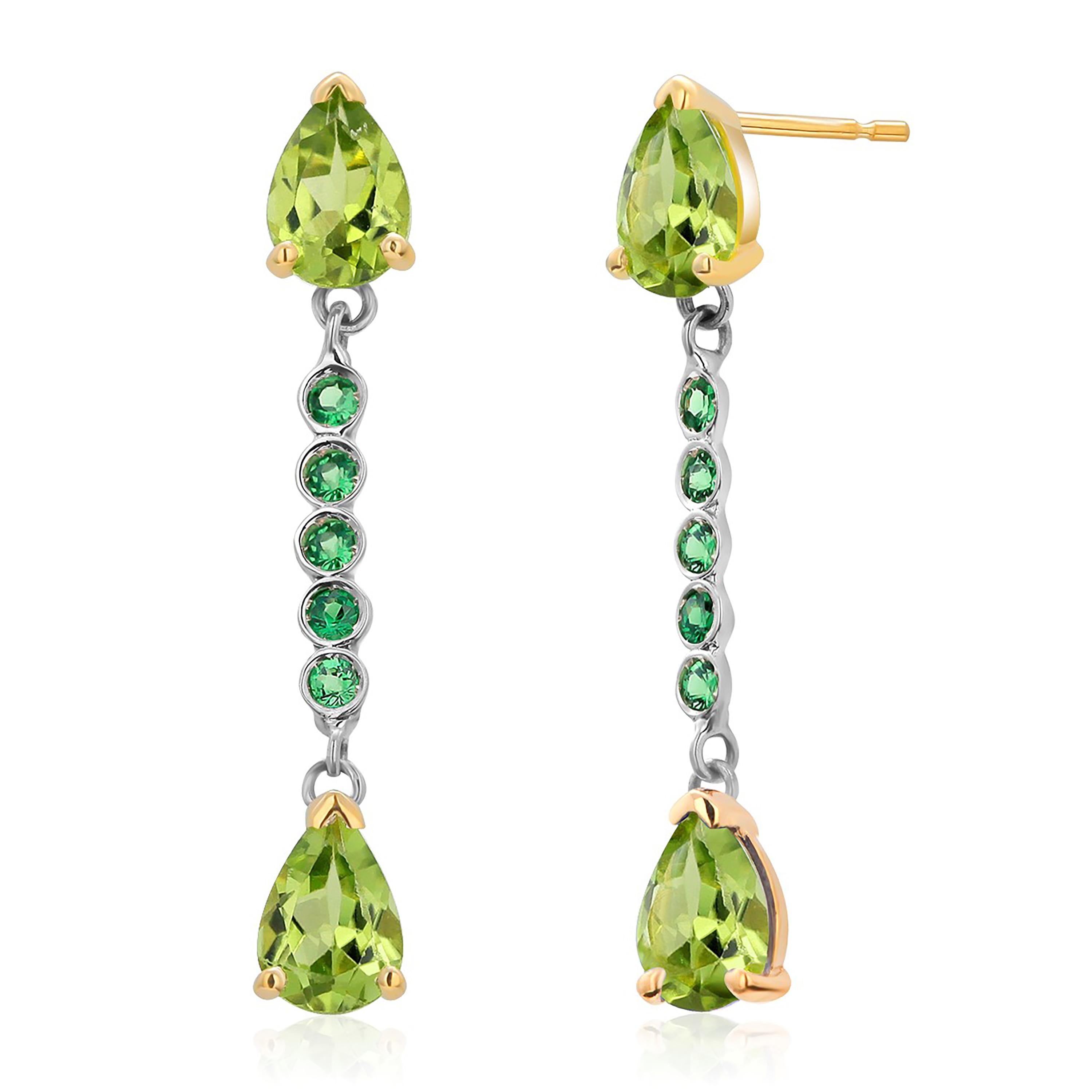 Contemporary Pear Shaped Peridot and Tsavorite Yellow and White Gold Drop Earrings