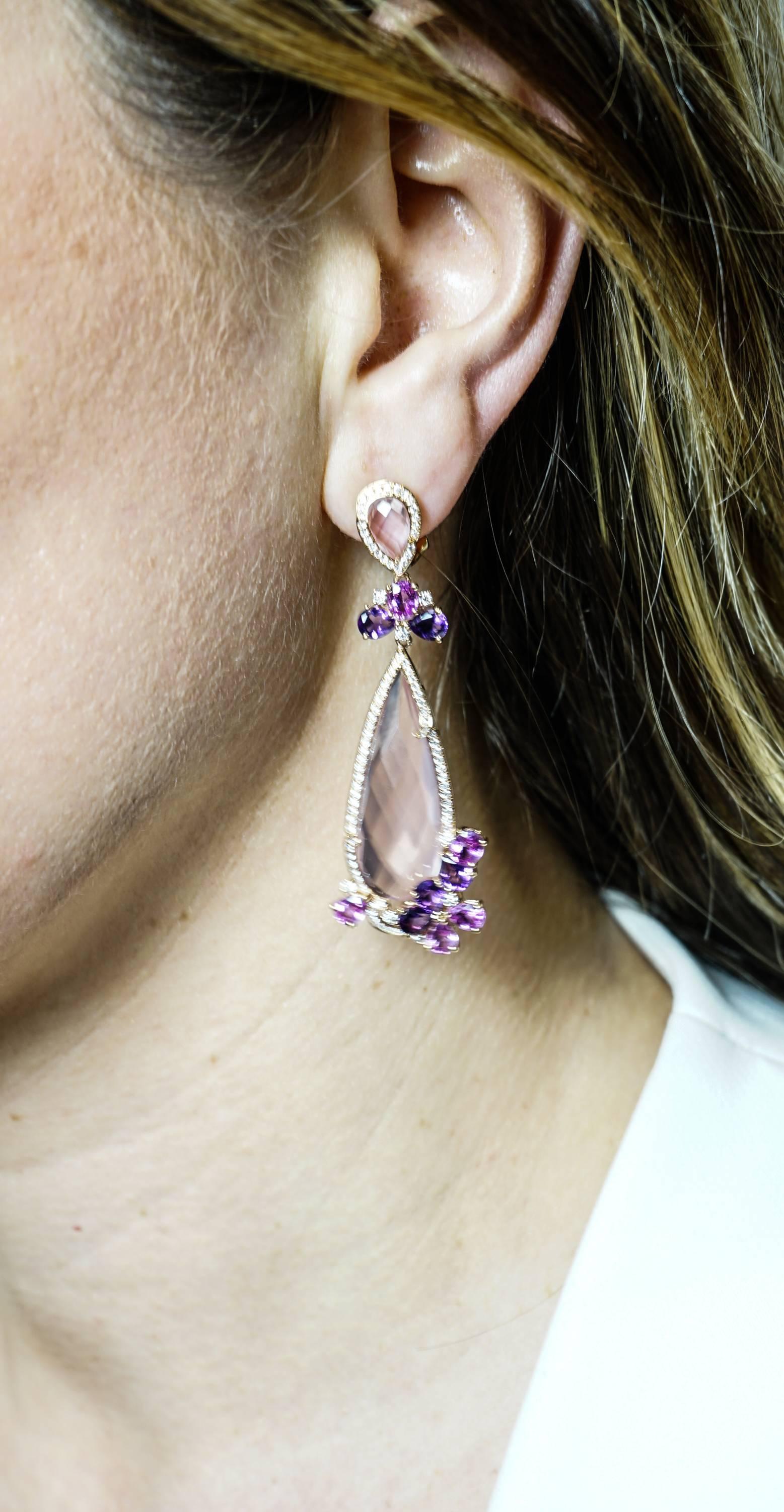 Artist Pear Shaped Pink Quartz, Pinks Sapphires and Amethyst Drop Earrings