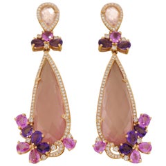 Pear Shaped Pink Quartz, Pinks Sapphires and Amethyst Drop Earrings