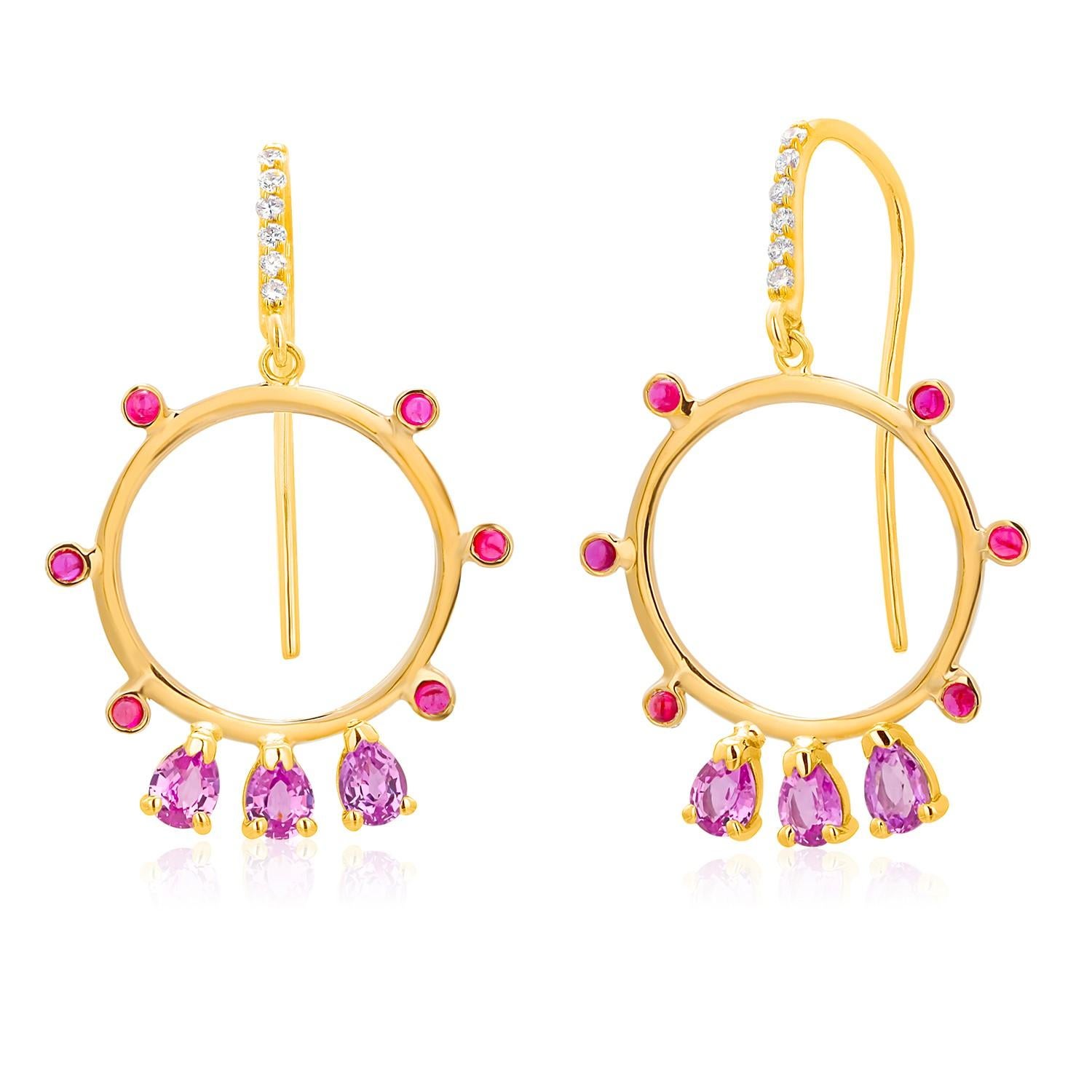 This exquisite pair of earrings is crafted in 14-karat yellow gold, designed to add a touch of luxury to any ensemble. Each earring features a meticulously arranged cluster of six pear-shaped Ceylon pink sapphires, collectively weighing 1.68 carats,