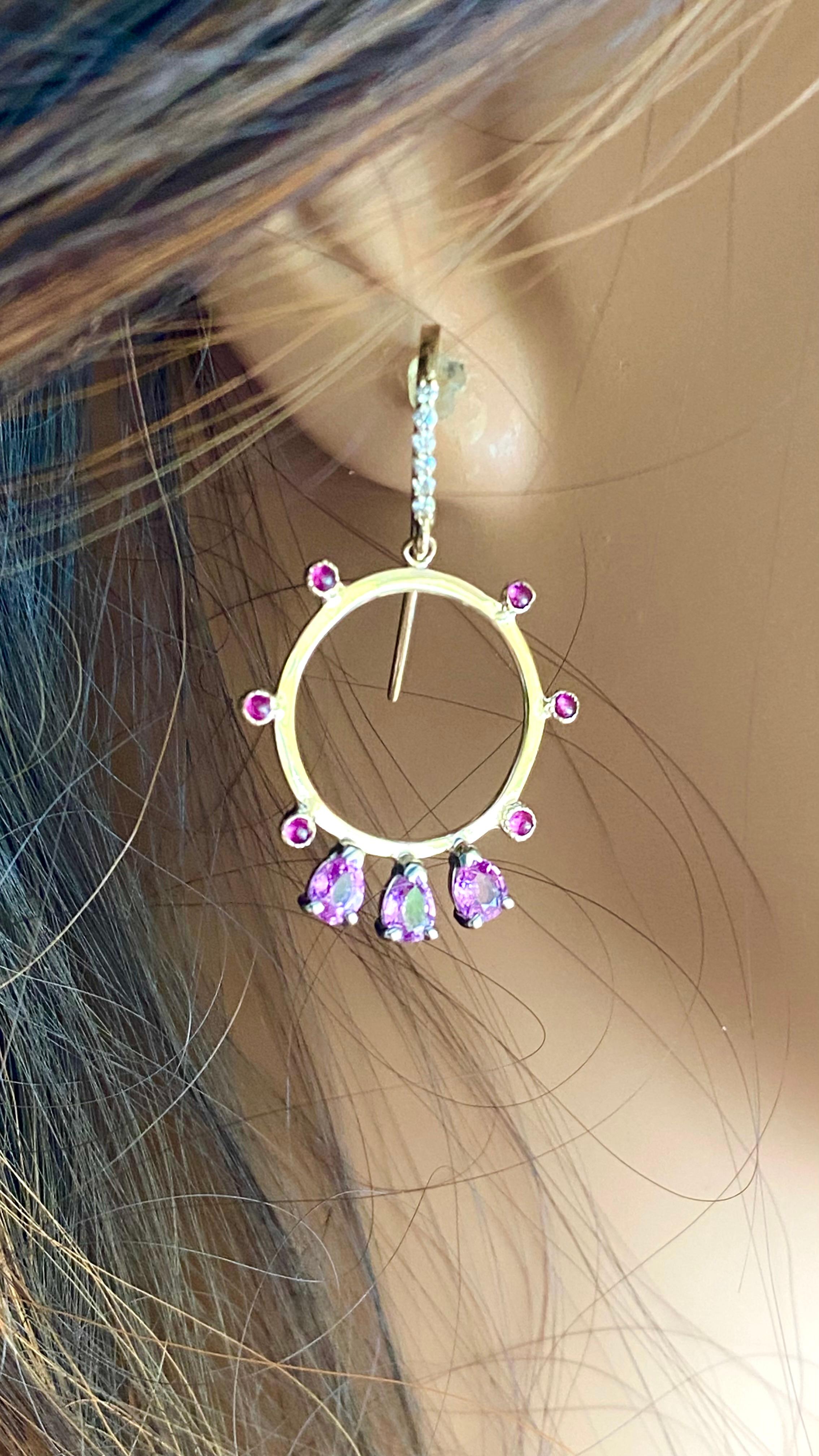 Women's Pear Shaped Pink Sapphire Diamond Shepherd Hoop Circle 0.50 Inch Yellow Gold  For Sale