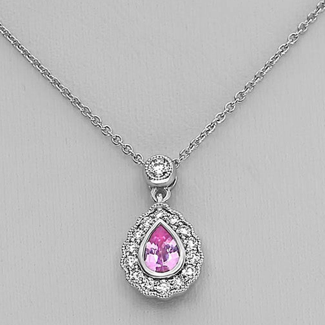 Pear Cut Pear-Shaped Pink Sapphire, White Diamond, and 18 Karat White Gold Halo Necklace For Sale