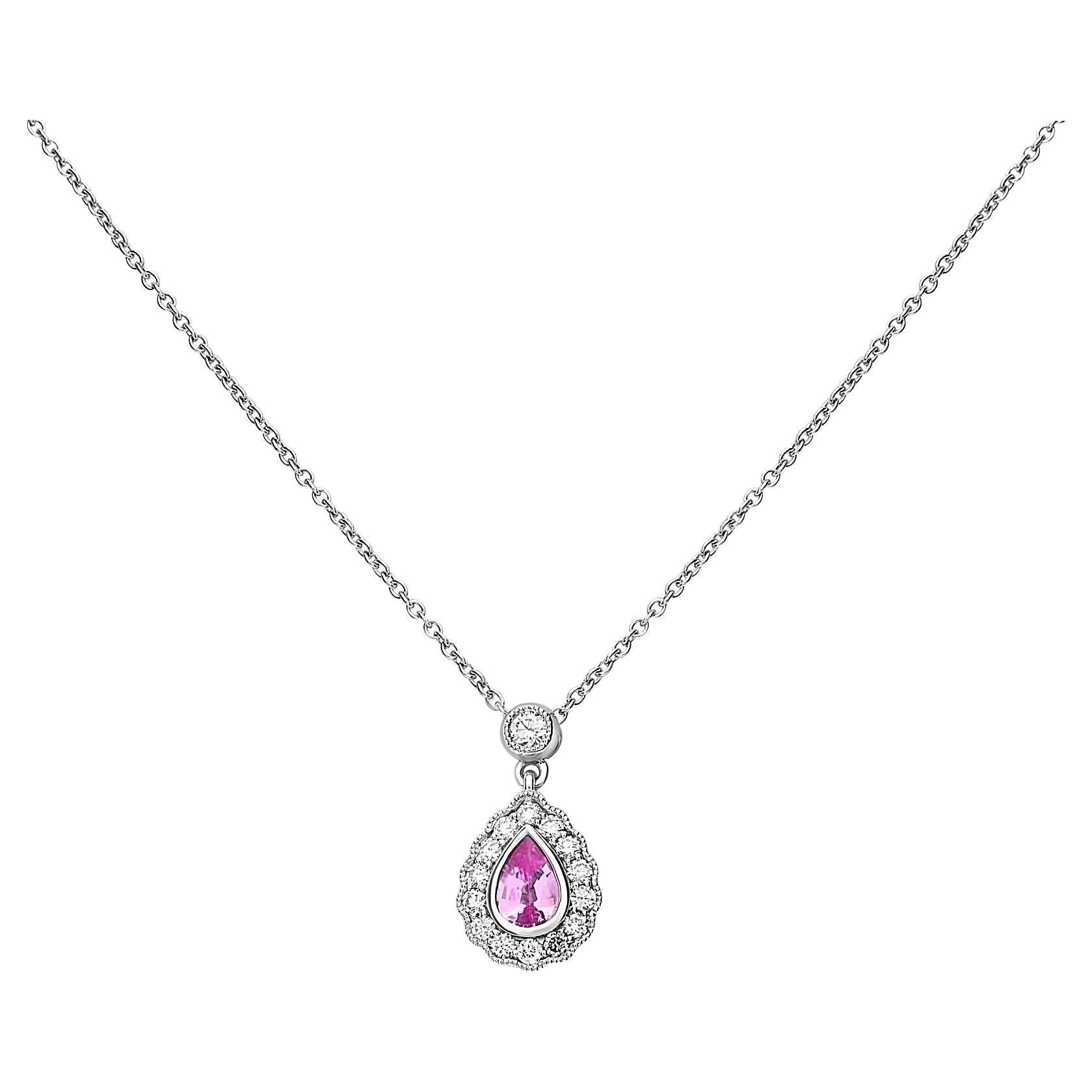 Pear-Shaped Pink Sapphire, White Diamond, and 18 Karat White Gold Halo Necklace For Sale