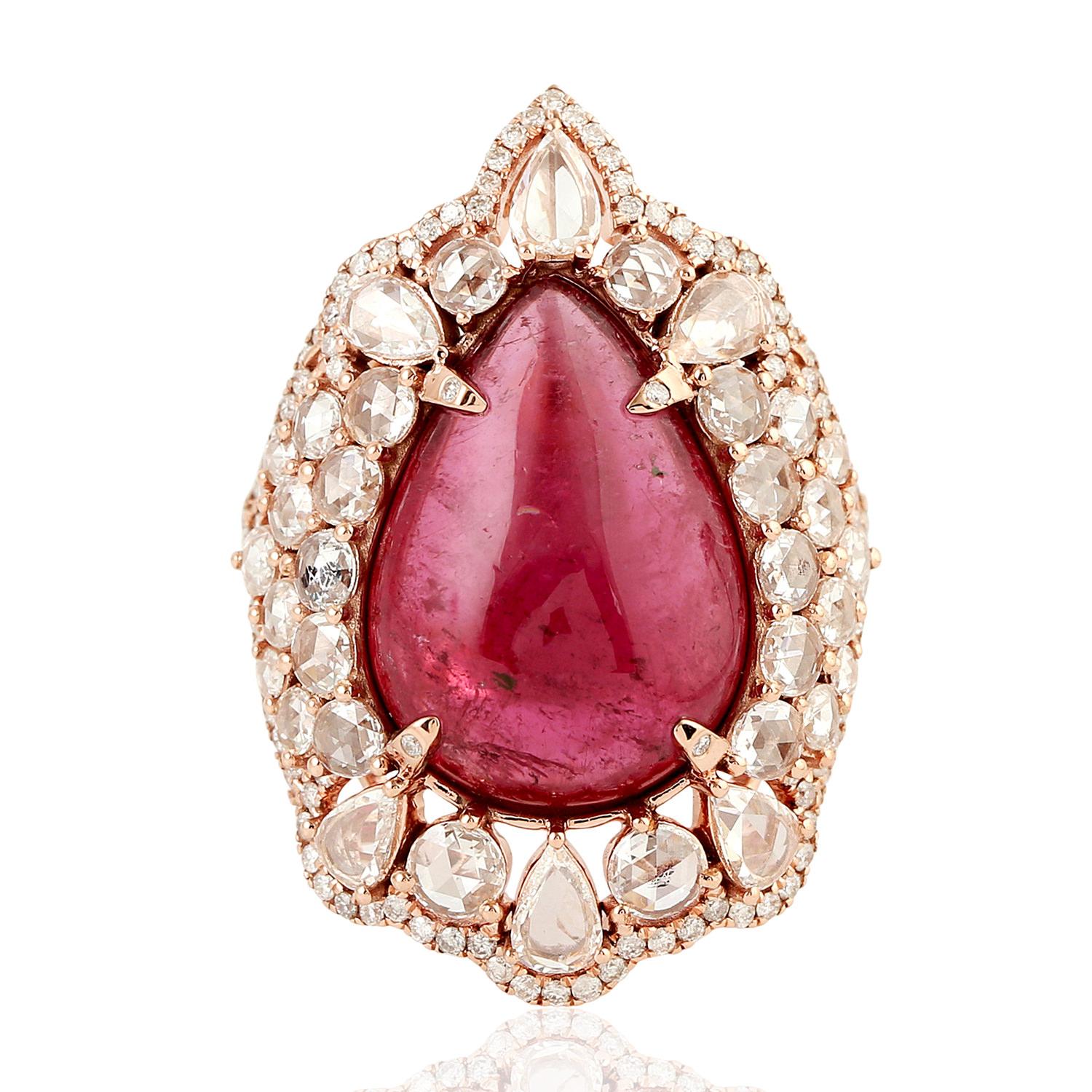 Bague cocktail en or 18 carats avec tourmaline rose en forme de poire et diamants multiformes Pour femmes en vente