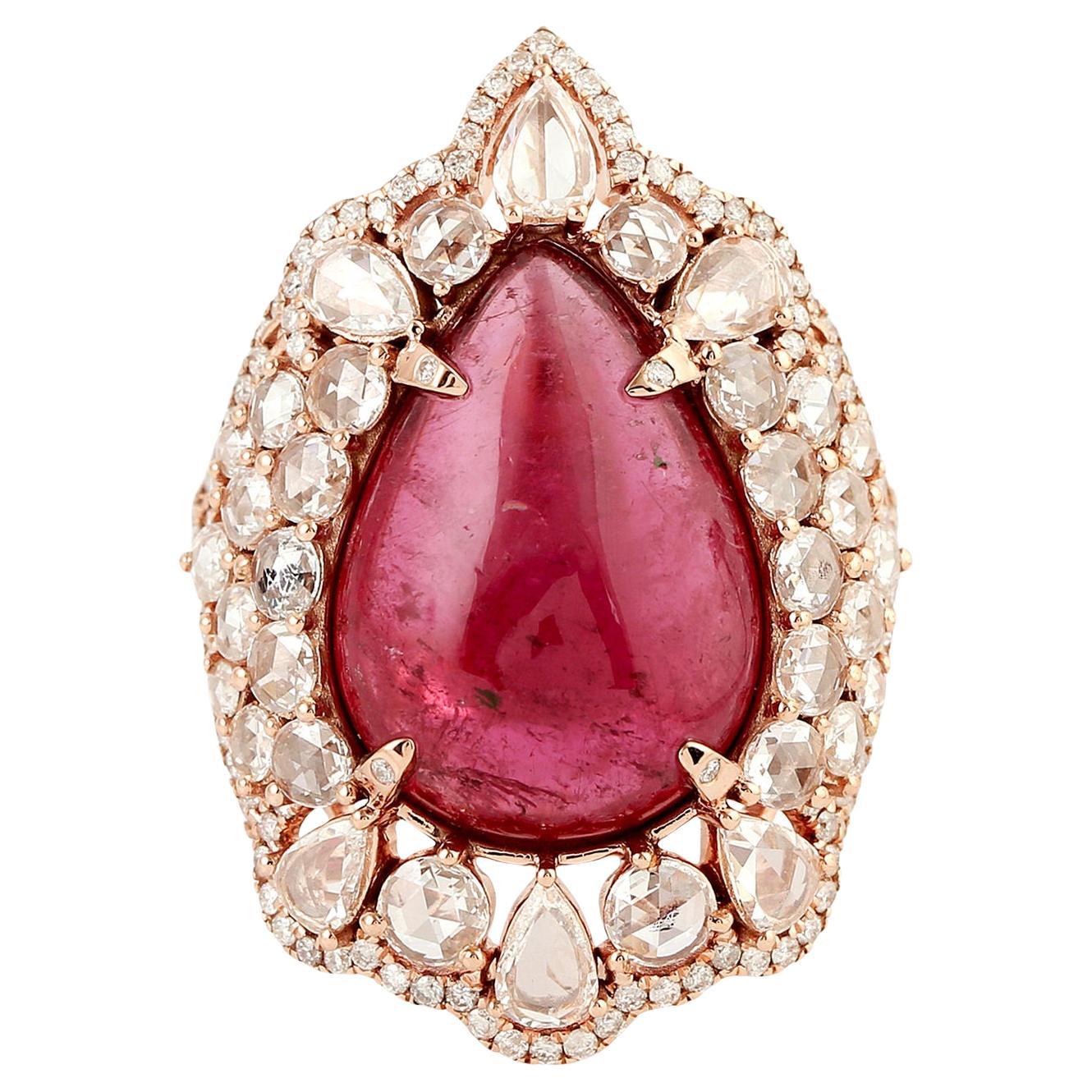 Pear Shaped Pink Tourmaline Cocktail Ring With Multi Shaped Diamonds In 18k Gold