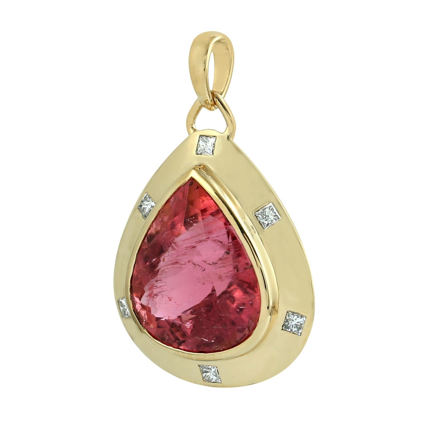 Art Deco Pear Shaped Pink Tourmaline Minimal Pendant With Diamonds Made In 18k Gold For Sale