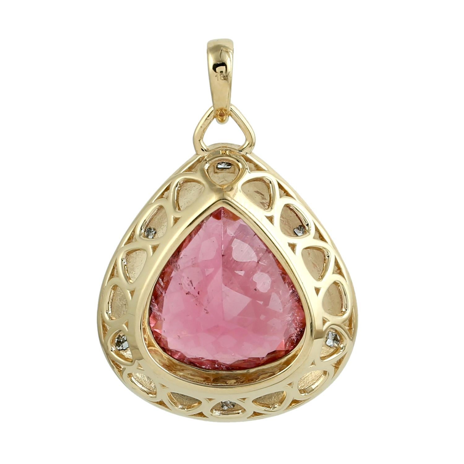 Mixed Cut Pear Shaped Pink Tourmaline Minimal Pendant With Diamonds Made In 18k Gold For Sale