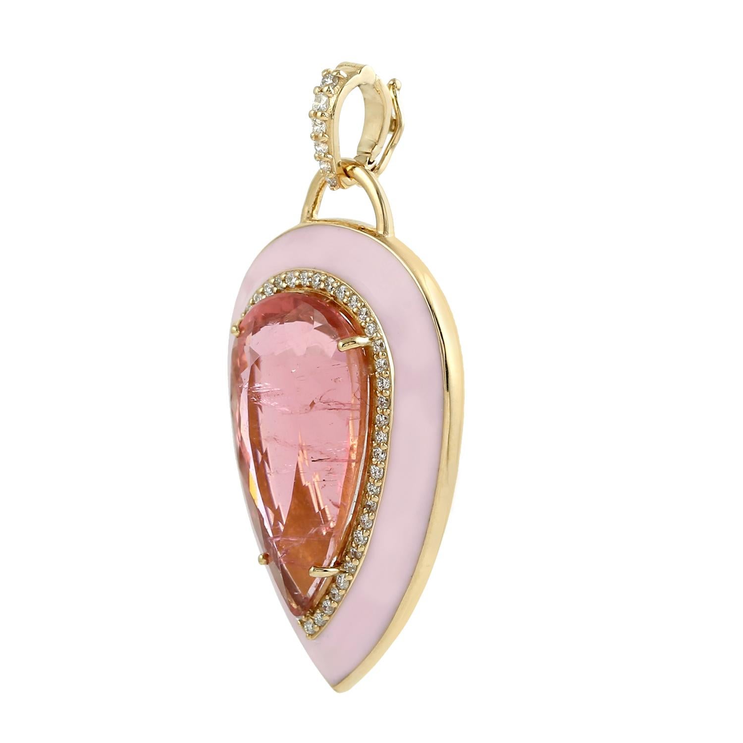 Pear Shaped Pink Tourmaline Minimal Pendant With Pink Enamel & Diamonds Art Decó en venta