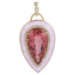 Pear Shaped Pink Tourmaline Minimal Pendant With Pink Enamel & Diamonds