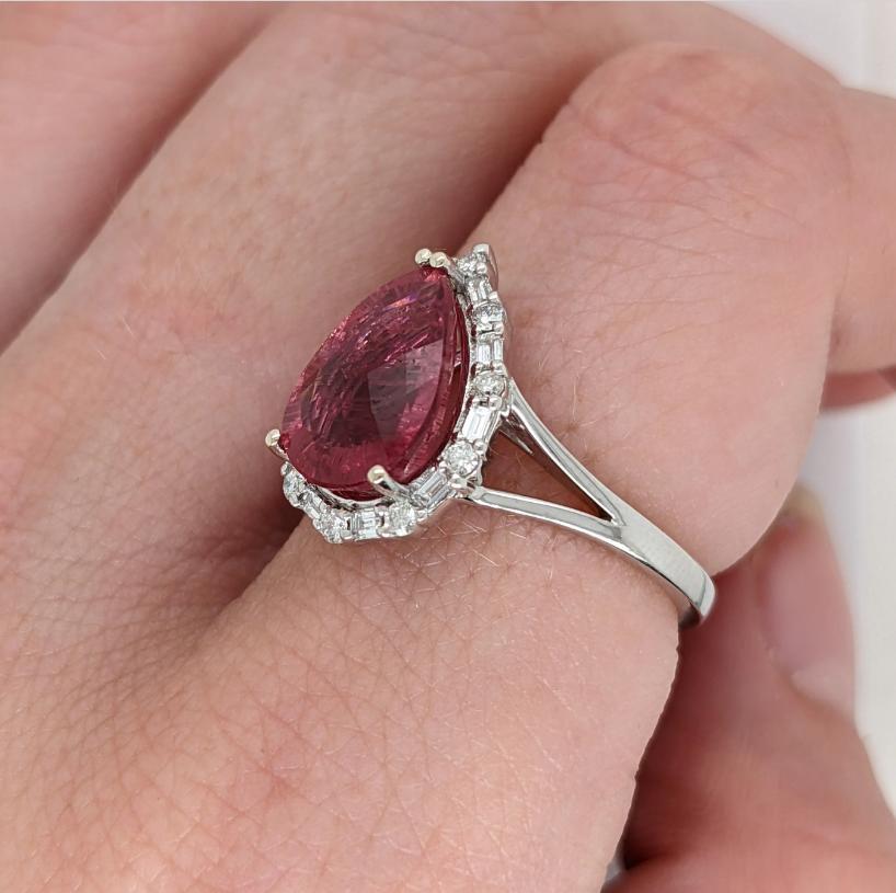 Art Deco Pear Shaped Pink Tourmaline W a Mixed Diamond Halo Ring in 14K White Gold For Sale